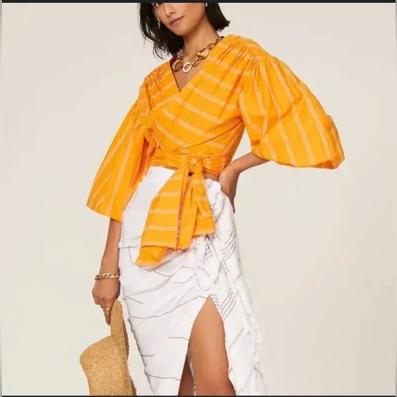 Acler Tops - Acler The Wyatt Puff Balloon Sleeve Cropped Wrap Blouse Orange Stripe Size 8